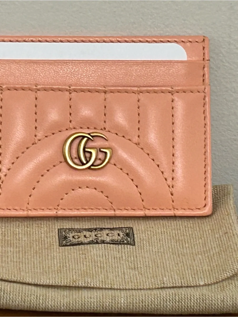 Gucci Peach Quilted Leather Card Holder with Gold Double G